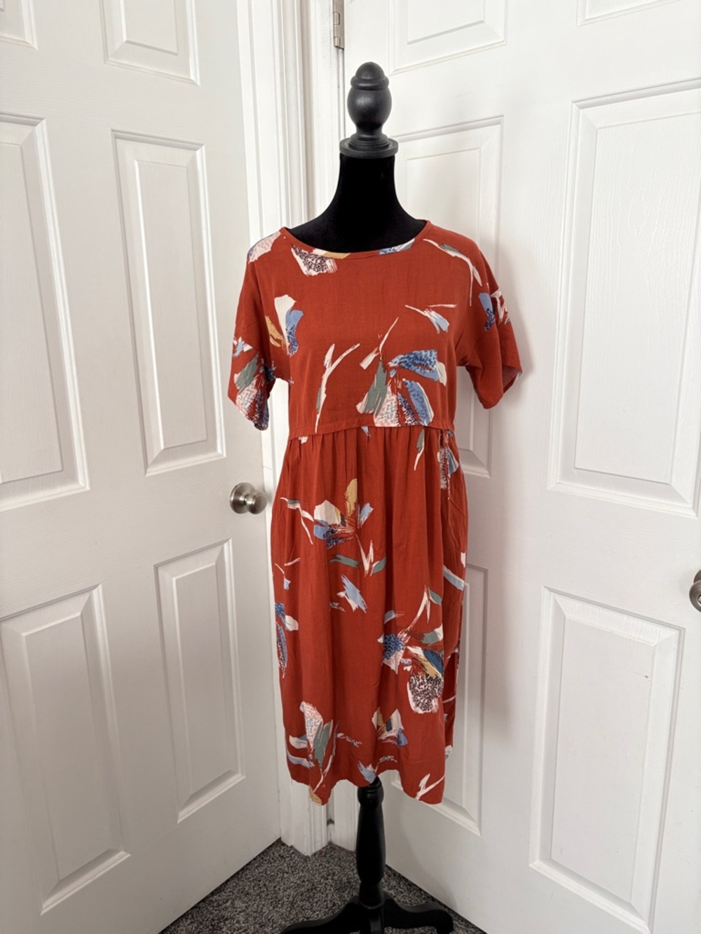 DownEast Rust Floral Midi Dress with Blue & Cream Accents
